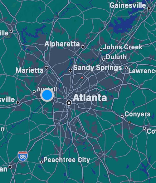 Metro Atlanta coverage map centered on Mableton, GA with 50-mile radius